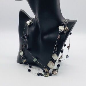 BOHEMIAN Necklace Sea Shell Multi Strand Black Bead Silver Tone Long Length